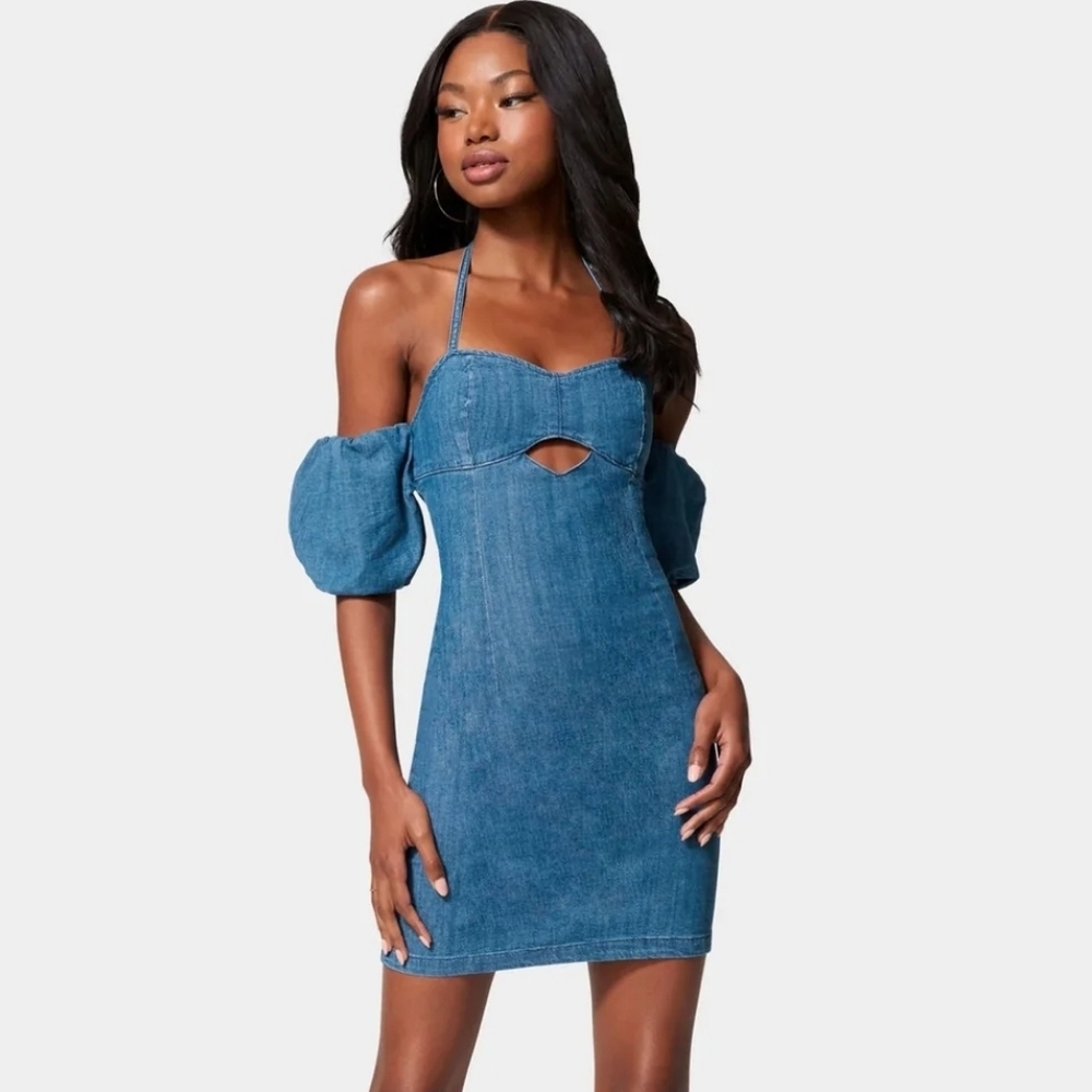Bebe Off Shoulder Bubble Sleeve Denim Dress Cutout Halter Y2K Dress Size 10 NWT
